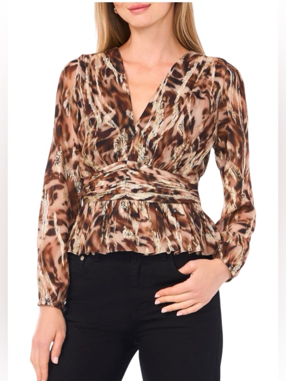 🤎✨ Parker‎ Brown Metallic Animal-Print V-Neck Blouse gold shimmer glitter